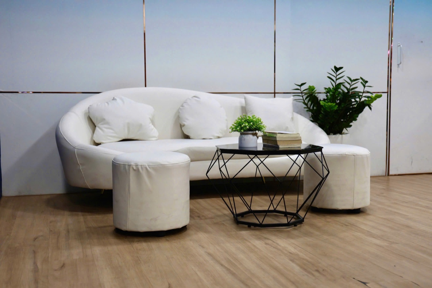 Góc chờ với sofa trắng và cây xanh