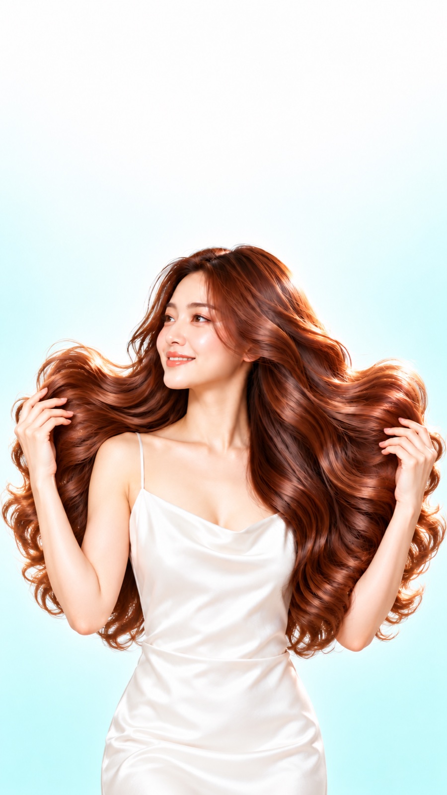 Làn da sáng mịn, tóc nâu bồng bềnh