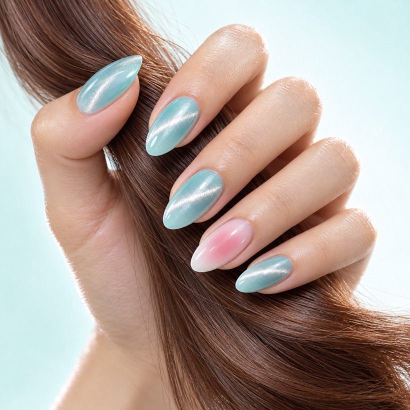 Nail mắt mèo và aura hồng cầm lọn tóc