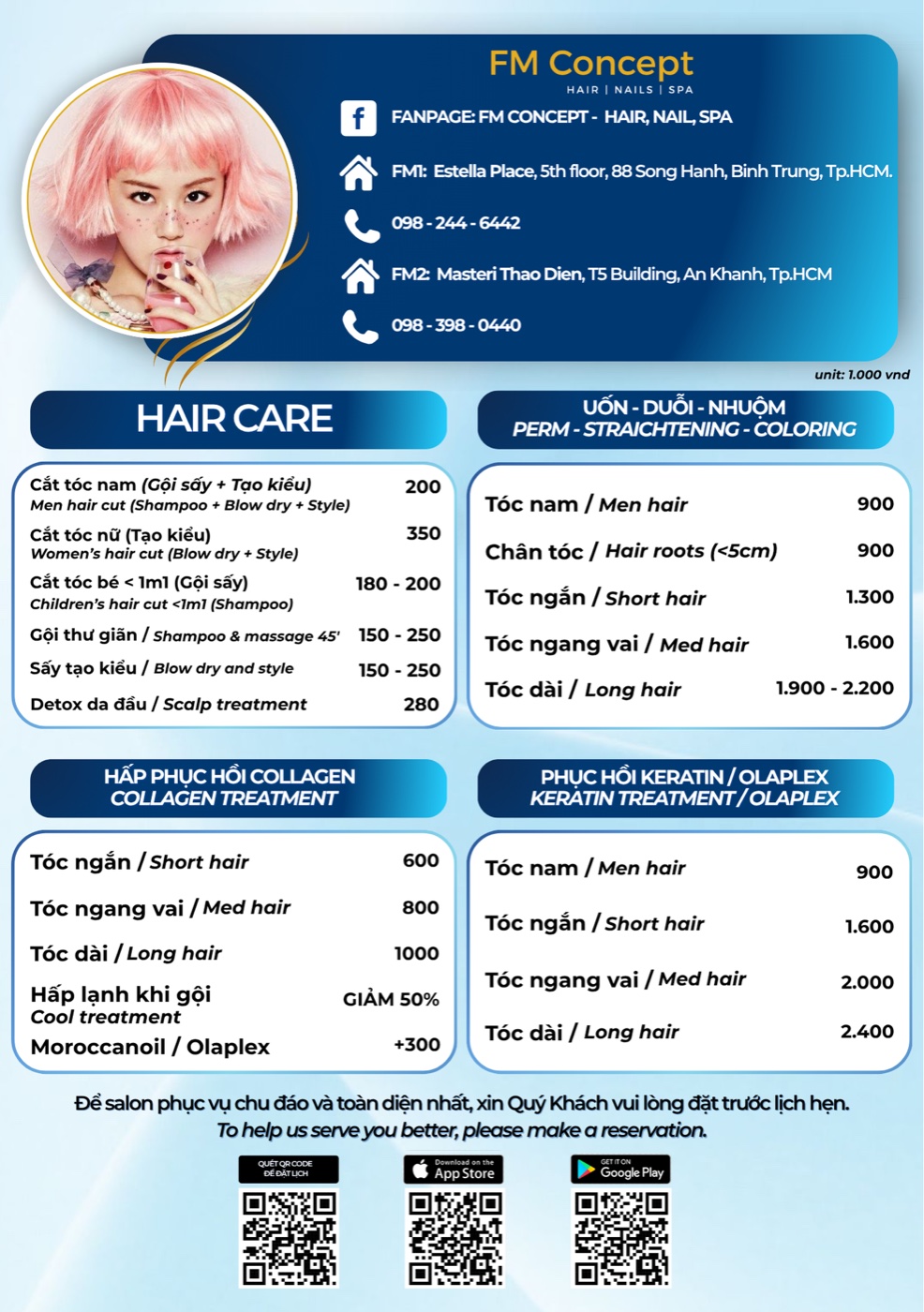 Bảng giá FM Concept: Hair care, uốn duỗi nhuộm, hấp phục hồi collagen, phục hồi keratin/Olaplex