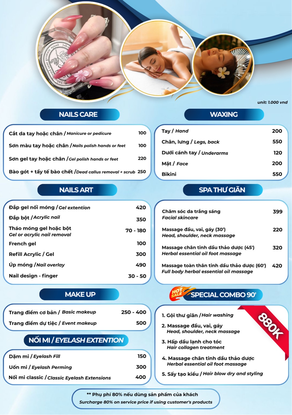 Bảng giá FM Concept: Nails care, nails art, waxing, spa thư giãn, make up, nối mi, combo 90 phút