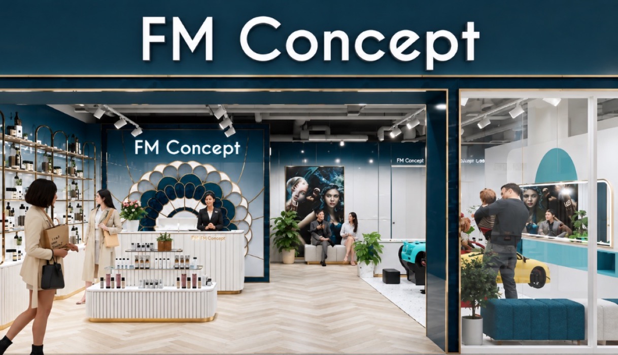 Mặt tiền salon FM Concept: quầy lễ tân, kệ sản phẩm và khu chờ